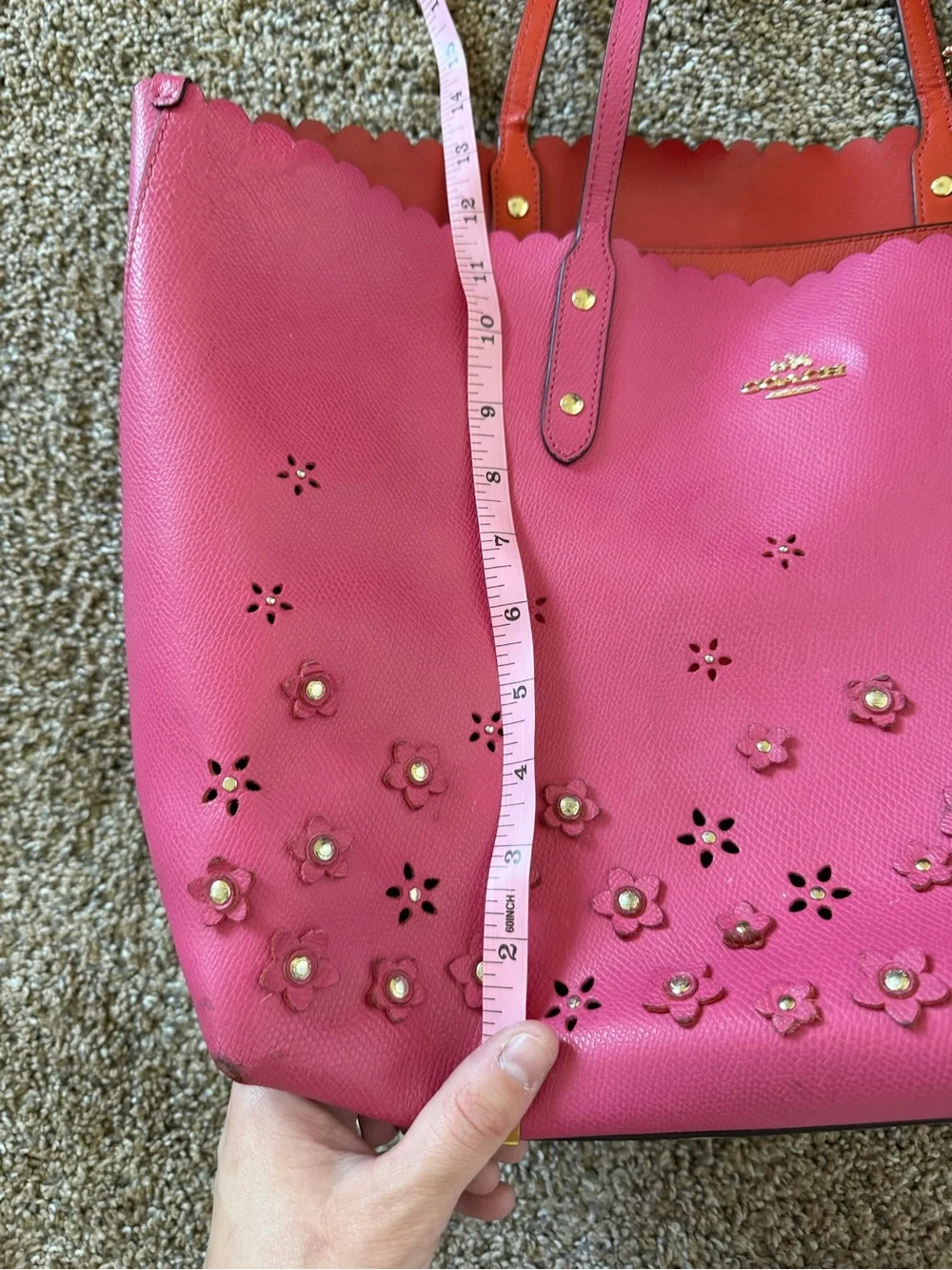COACH Metro Fuschia Leather Tote w/ Floral Embellishments and Scalloped Top Edge